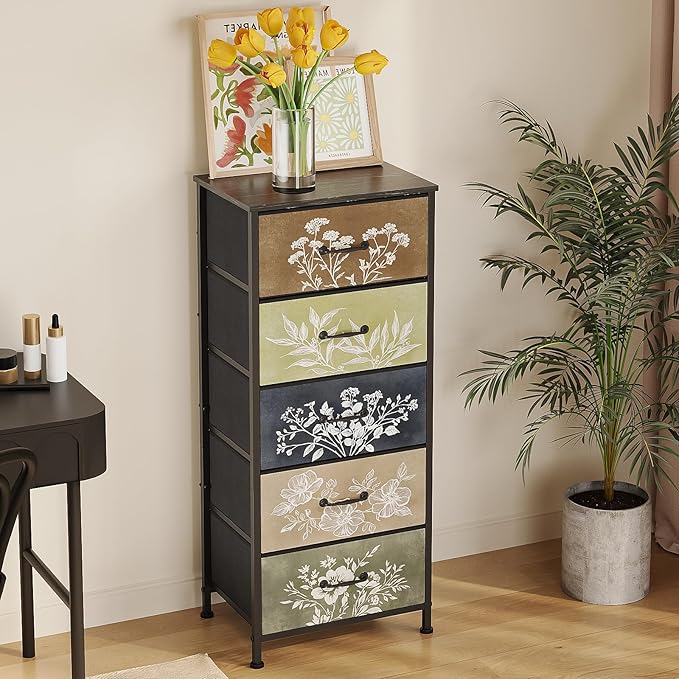 Tohomeor Vintage Dresser Vertical Nightstand with Neutral Botanical Plant Fabric Chest Drawers for Closet Bathroom Storage Tower Unit Bed Side Organizer Farmhouse Rustic (Multi, 5 Drawers)