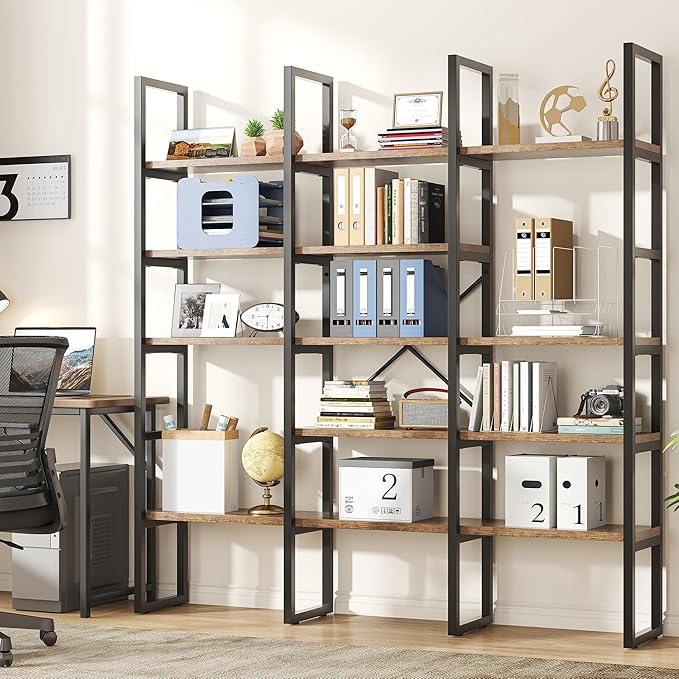 70.86" Modern Bookshelf and Bookcases with 13 Open Display Shelves, Triple Wide 5-Tier Industrial Large Book Shelf with Metal Frame, Tall Etagere Book Case for Home & Office, Rustic Brown