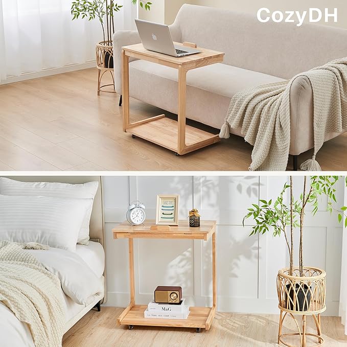 CozyDH Adjustable C Shaped End Table, Solid Wood Rolling Side Table, TV Sofa Tray Table for Couch Arm Eating Multi-Purpose, Small Coffee Table with Wheels Living Room Bedroom, Natural