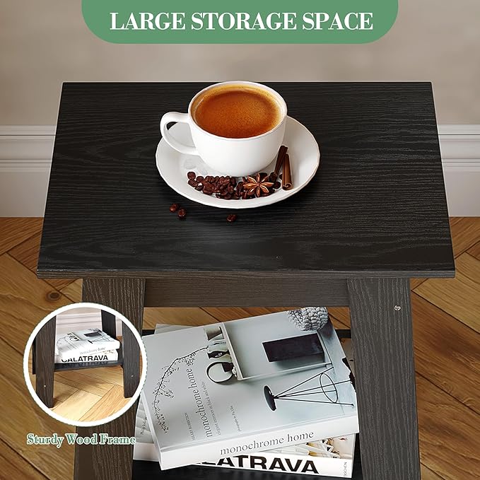 End Table with Double Storage Shelves, Small Space Side Table for Farmhouse Bedroom, Studio Apartment, Entryway， Brown