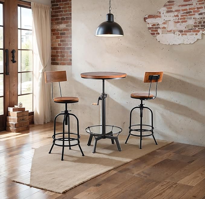 3-Piece Crank Handle Bar Table (33.5"-39.4") & 2 Backrests Stools (26"-32") Set for Pub Kitchen Dining Living Party Bistro Breakfast, Swivel Brown Top, Height Adjustable, Most Weld, Space-Saving