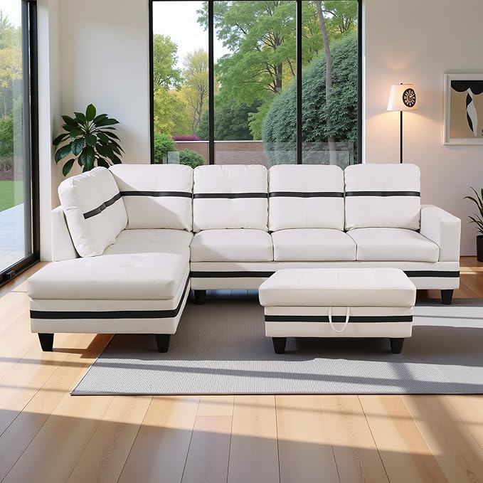 103.5" Oversized Sectional Couch, L Shaped Couch with Storage Ottoman, Modern Modular Sofa with Deep Seat, Sectional Couches for Living Room and Office, White and Black (PU Leather)