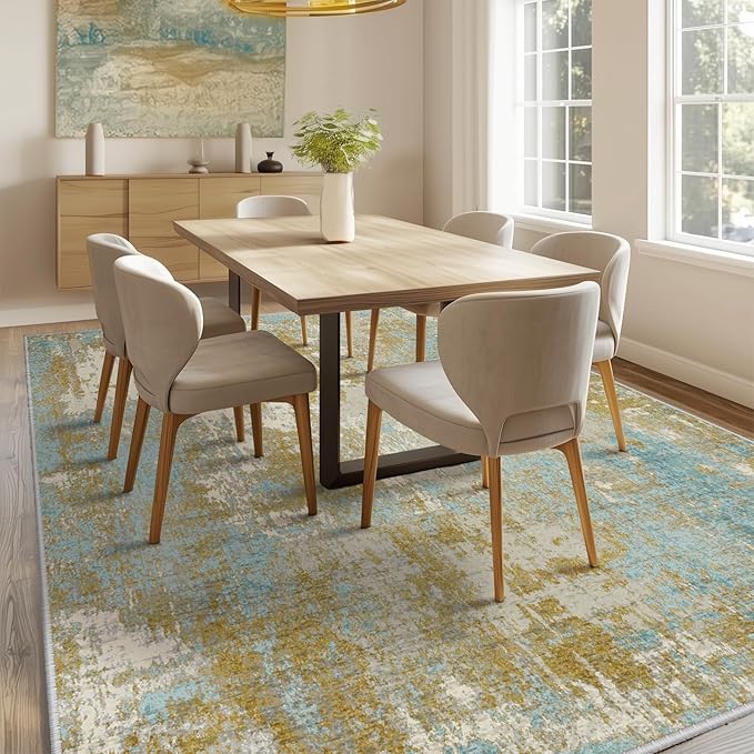 Washable Area Rugs 9'x12' Non-Slip Modern Abstract Soft for Living Room Entryway Bedroom Nursery, Print Pattern, Teal Blue Taupe