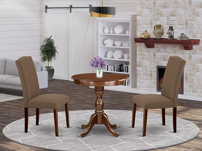 East West Furniture ESEN3-MAH-18 3 Piece Dinette Set for Small Spaces Contains a Round Dining Table with Pedestal and 2 Dark Coffee Linen Fabric Upholstered Chairs, 30x30 Inch, Mahogany