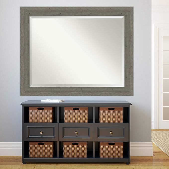 Amanti Art Grey Wall Mirror 37x47 Fencepost Grey Rectangle Bathroom Mirror for Wall Decor Living Room, X-Large Rustic Farmhouse Wood Frame, Hangs Horizonally and Vertically, Bathroom Decor, Beveled