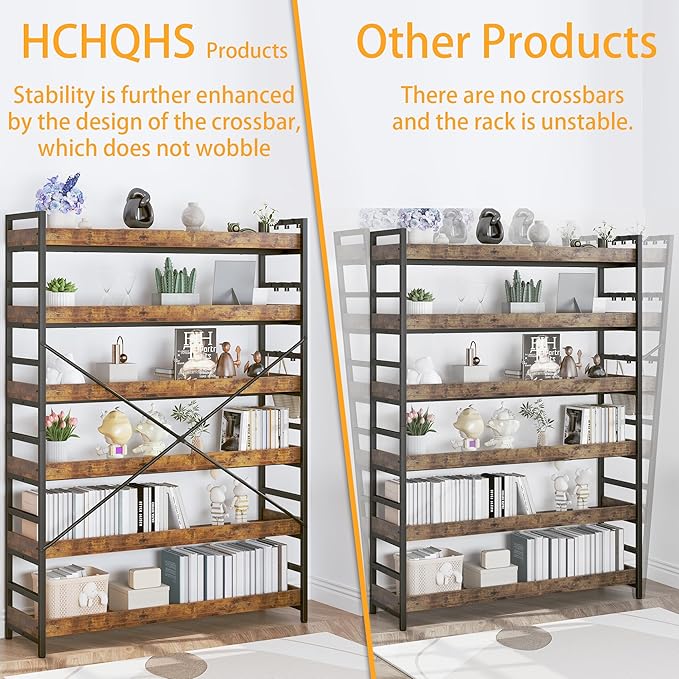 HCHQHS 6 Tier Bookshelf, Adjustable Industrial Bookcase, Vertical Tall Book Shelf, Wood and Black Metal Open Bookshelves for Home Office, Living Room, Bedroom