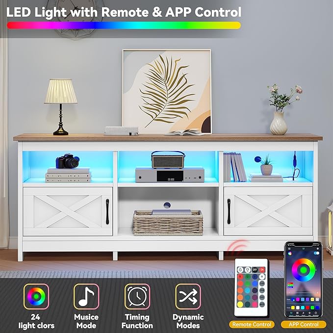 DWVO TV Stand for up to 65 Inch TV, Entertainment Center with Storage, TV Cabinet with Power Outlet & LED Light Strip, Media Console Television Stands for Living Room, White & Walnut