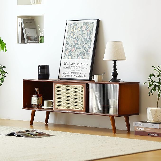 Tiita Rattan TV Stand for 55 Inch TV, Bamboo TV Cabinet with Adjustable Shelf and Storage, Boho Entertainment Center, Mid Century Modern Media Console for Bedroom, Living Room, Study, Walnut