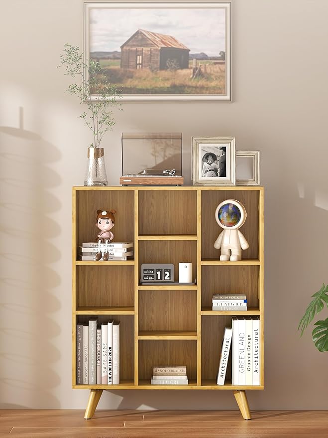 Manora Bookshelf with 10 Open Storage Cubes, Wooden Bookcase Organizer, Rustic Modern Display Shelf for Living Room, Bedroom, Office