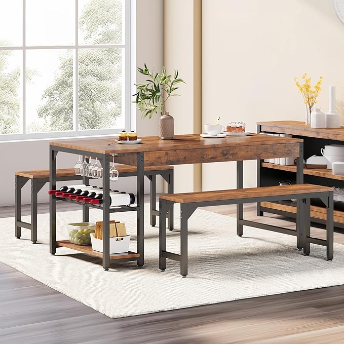 YITAHOME 63" 3 Piece Kitchen Dining Table Set for 4 with Bench & Storage, Farmhouse Rectangle Dining Room Dinner Table with Wine & Glass Holder for Space Saving Brown