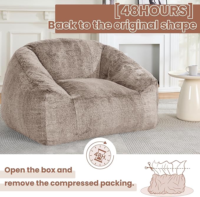 Bean Bag Chairs for Adults, Giant Beanbag Sofa Comfy Reading Chair, Oversized Bean Bag Chairs for Living Room Bedroom, Soft Faux Fur Fabric, 3.2FT, Khaki, Plush
