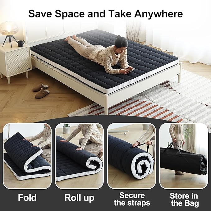 Tiita Japanese Floor Mattress, 4” Thicken Futon Mattress with Storage Bag and 2 Straps， Twin Size Sleeping Tatami Mat for Adults，Black