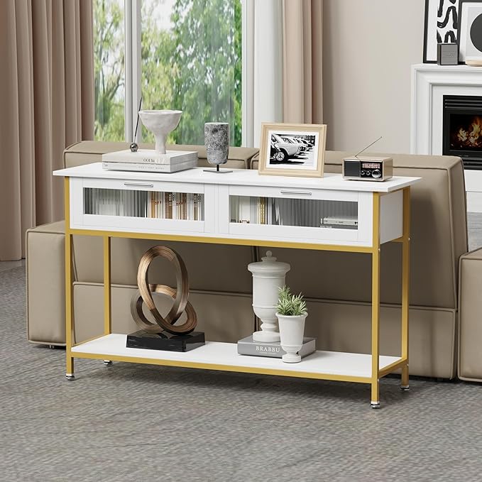Aetheris 47" Console Table with 2 Drawers, 2 Tier Sofa Table with Storage,Entryway Table, Industrial Console Table for Entryway, Sofa Table Behind Couch for Living Room (White)
