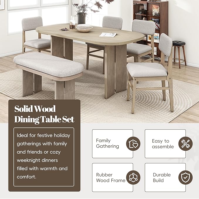 Merax Farmhouse Wooden Dining Set of 6, 65 Inch Rectangular Kitchen Table, Upholstered 4 Chairs with Backrest, Bench with Cushion, Easy Assemble, Natural