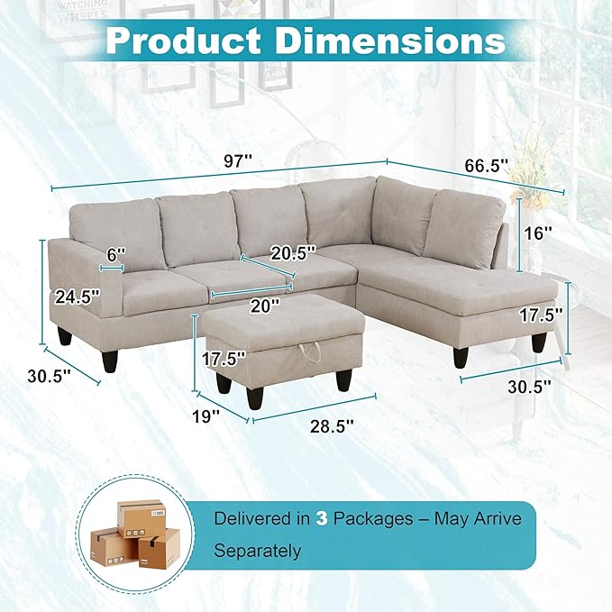 97" Oversized Sectional Couch, L Shaped Couch with Storage Ottoman, Modern Modular Sofa with Deep Seat, Sectional Couches for Living Room and Office, Off-White (Flannelette)