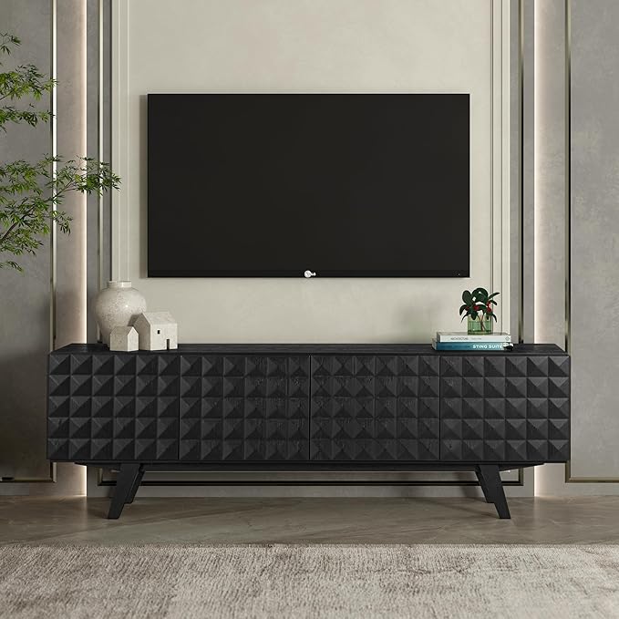 NTC Sapa Mid-Century Modern Solid Wood TV Stand 4-Door Media Console with Carved Geometric Fronts for TVs up to 75", Effortless Assembly, Burnt Black