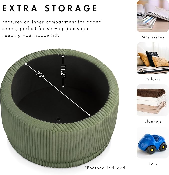 Furniture of America Lennox Modern Chenille 29-inch Round Storage Ottoman with Flip Top, Upholstered Footstool, Circle Coffee Table for Living Room, Bedroom, Entryway, Green