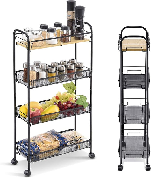 KINGRACK 4-Tier Slim Rolling Cart,Metal Utility Cart,Slide Out Storage Cart with Wooden Tabletop and Mesh Baskets for Narrow Space on Kitchen Bathroom Laundry Room Bedroom Apartments Dormitory, Black