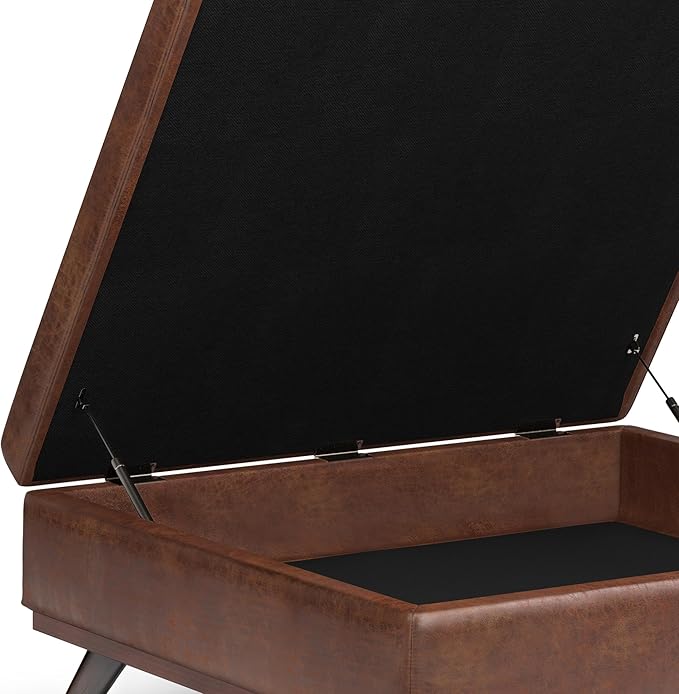 SIMPLIHOME Owen 40 inch Wide Mid Century Modern Square XL Coffee Table Storage Ottoman in Distressed Saddle Brown Vegan Faux Leather, Assembled, For the Living Room, Entryway and Family Room