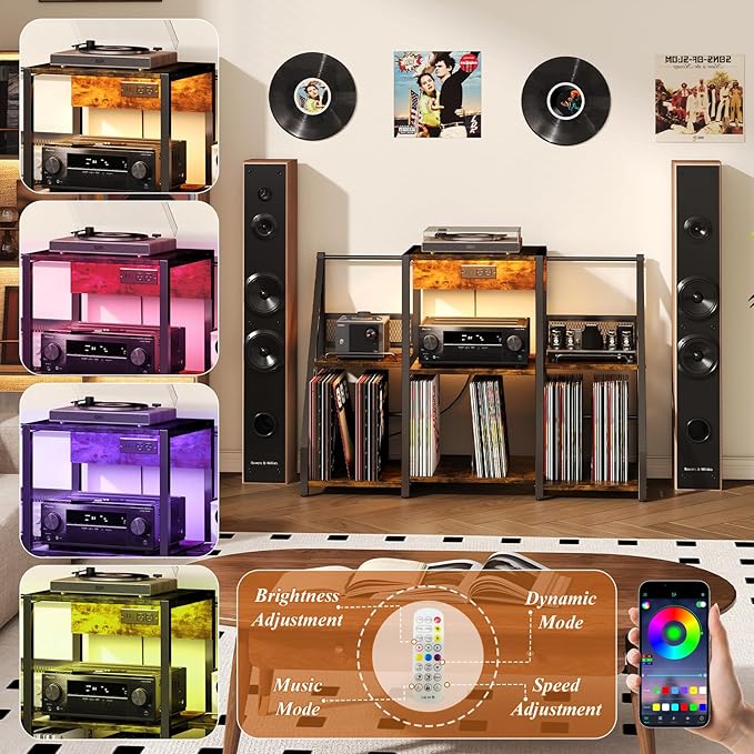 Large Record Player Stand Vintage Record Stand-Large Vintage Record Player Table with Power Outlet and LED Light,Record Storage Rack with Vinyl Display Shelf for Up to 300 Albums