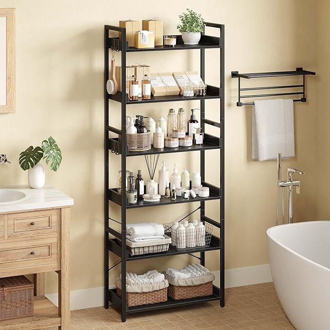 Rolanstar Bookshelf 6 Tier with 4 Hooks, Industrial Bookcase, Vintage Storage Rack with Open Shelves, Rustic Standing Bookshelves Metal Frame Display Rack for Living Room, Bedroom, Black