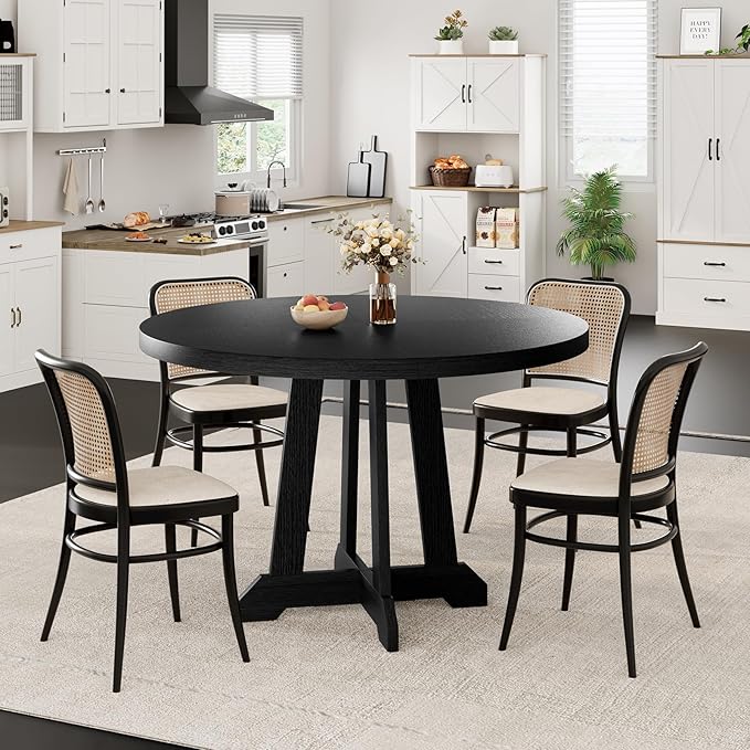 Round Dining Table for 4, 47 Inch Wooden Circle Dinner Table with Sturty Legs, 4 Parts of Tabletop, Round Pedestal Kitchen Tables for Dining Room, Kitchen, Living Room, Brown