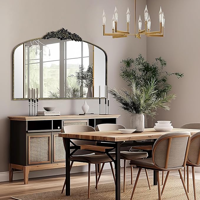 Antique Arched Black Mirror 48"x30", Traditional Victorian Vintage Mantel Mirrors with Ornate Metal Frame, Baroque Mirrors for Fireplace/Entryway/Dining Room/Living Room/Bathroom