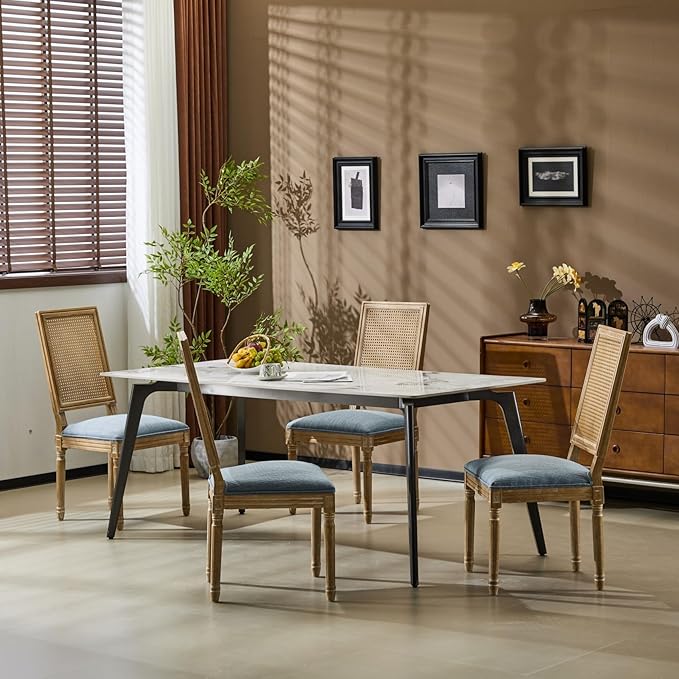 Merax Upholstered Solid Wood Dining Chairs Set of 4, French Country Style Accent Side Seating Furniture for Kitchen, Living Room, Wicker Back, Slate Blue