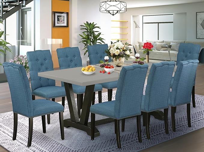 East West Furniture V697EL121-9 9 Piece Dining Room Table Set Includes a Rectangle Kitchen Table with V-Legs and 8 Blue Linen Fabric Parson Dining Chairs, 40x72 Inch, Multi-Color