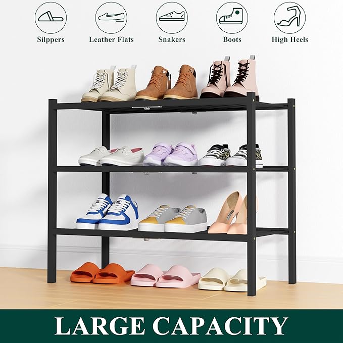 Smiry Shoe Rack, 3 Tier Thick Bamboo Shoe Organizer, Stackable Free Standing Wooden Shoe Storage Shelf for Closet, Entryway, Front Door Entrance, Black