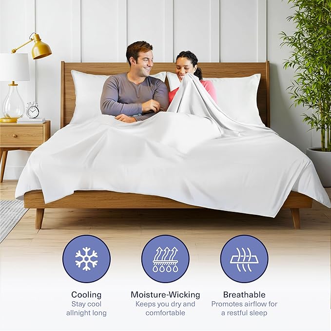 Kickoff Viscose Bamboo Sheets Queen Size 4-pc 100% Organic Bamboo Viscose Bed Cooling Sheets Queen Size Set Cool Bedding for hot Sleepers Sheet, Flat, Fitted, Pillowcases (Snow White, Q)