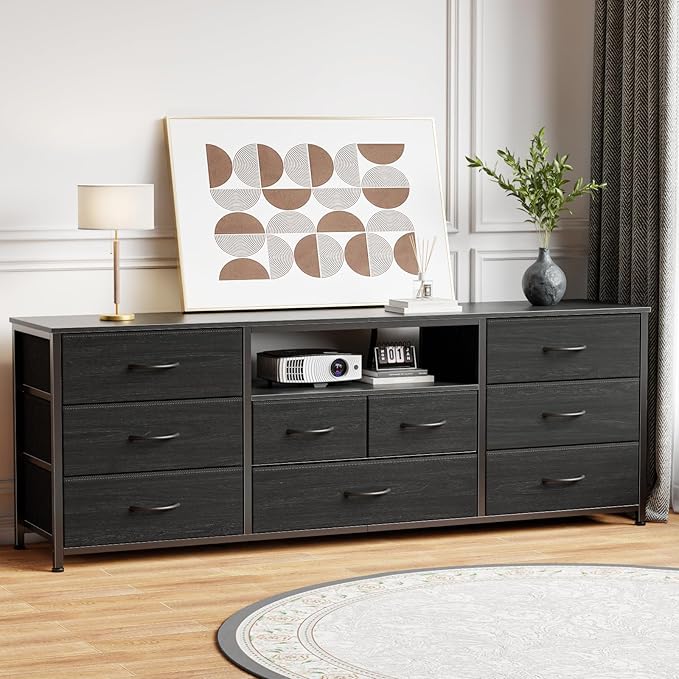Furnulem 9 Drawer Dresser, 63” Long TV Stand for Bedroom, Entertainment Center with Power Outlet & LED Light for 65"-75" TV, Black Dresser with Fabric Storage Drawers for Closet