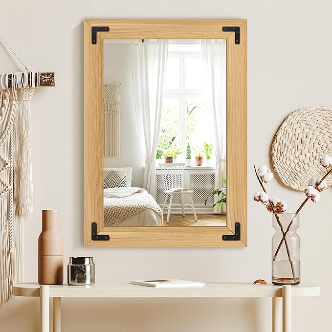 Bathroom Mirror for Wall with Wooden Frame, 20"x28" Solid Wood Vanity Mirror for Farmhouse, Bathroom, Bedroom, Vertical or Horizontal Hanging(Natural)