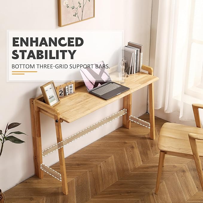 Solid Wood Folding Desk Mid Century Modern Table, 55'' Foldable Writing Computer Desk for Home Office, Simple Study Makeup Workstation, Wooden Study Office Desk Table for Small Spaces, Natural Color