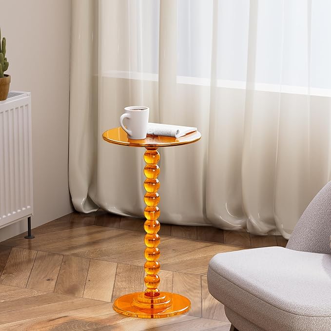 Acrylic Side Table, End Table Round Top with Solid Post for Living Room, Bedroom, Balcony, Easy Assembly (Clear) (Pedestal, Orange)