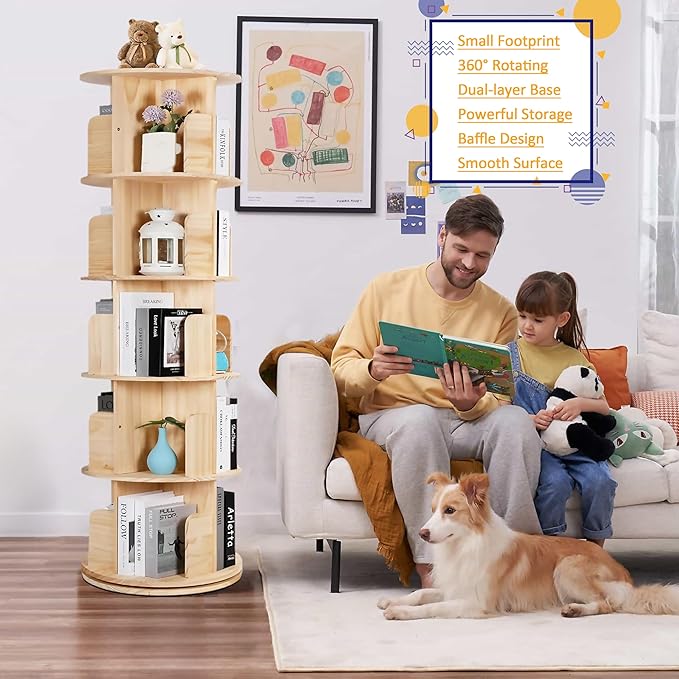 5 Tier Rotating Bookshelf Tower 360 Display Spinning Bookshelf Tower Floor Standing Bookcase Storage Rack Revolving Bookcase Wood Narrow Round Book Shelf Rotating Storage Organizer for Bedroom