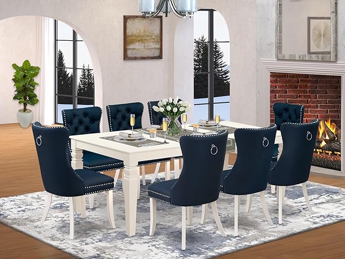 East West Furniture LGDA9-LWH-29 9 Piece Dining Table Set Includes a Rectangle Wooden Table with Butterfly Leaf and 8 Polyester Fabric Upholstered Chairs, 42x84 Inch, linen white