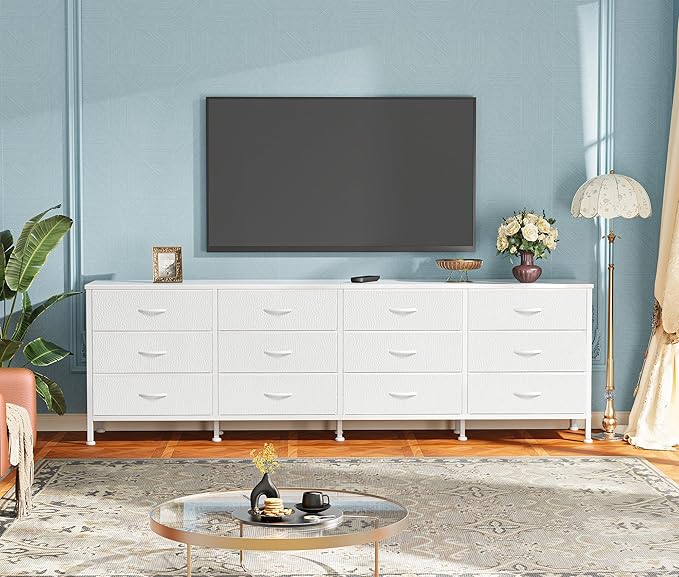 Huuger 70 Inch Dresser for Bedroom, TV Stand for 65, 75, 80 Inch TV, 12 Fabric Drawer Long Dresser, Large Storage Organizer Unit, Wide Chest of Drawer with Storage, for Living Room, White