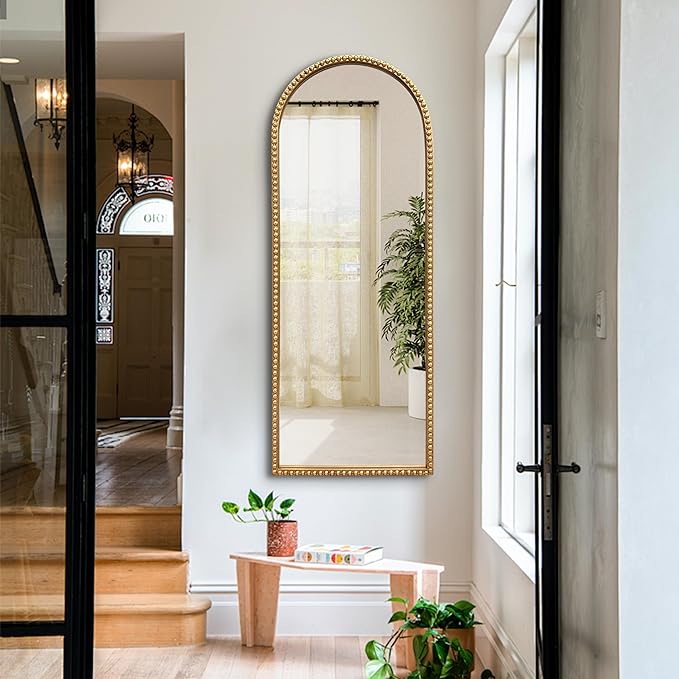 Vintage Full Length Wall Mirror, Large Gold Arch Floor Mirror 20"X53" with Antique Beaded Metal Frame for Dresser Living Room, Decorative Mirrors for Entryway Hallway Bathroom