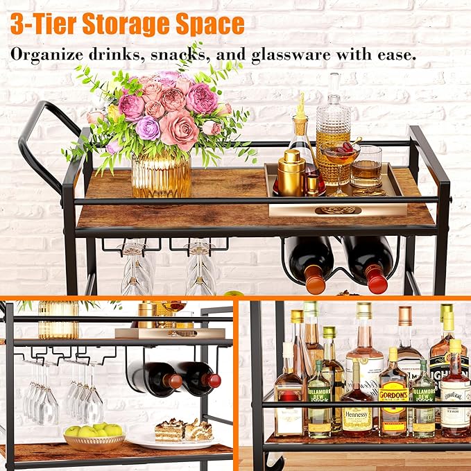 Bar Cart, Home Bar Serving Cart, 3-Tier Drink Cart with Wine Rack, Glass Holder, Wine cart with One-Piece Wood Shelves, Rolling Bar Cart for Kitchen, Dining Room, Living Room, Rustic Brown