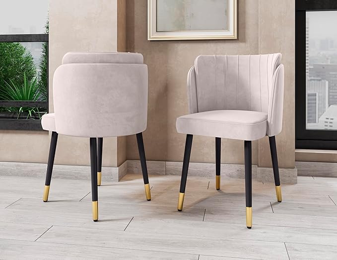 Manhattan Comfort Zephyr Modern Velvet Dining Chair, Solid Wood Frame with Gold-Tipped Splayed Legs, High Density Foam Padding, Vintage Design, Tulip Inspired Accent Furniture, Cream