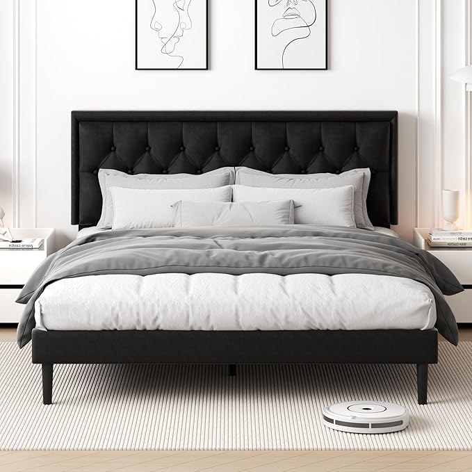 King Size Platform Bed Frame with Upholstered Velvet Button Tufted Headboard, Mattress Foundation with Wooden Slat Support, No Box Spring Needed, Easy Assembly, Noise Free, Black.