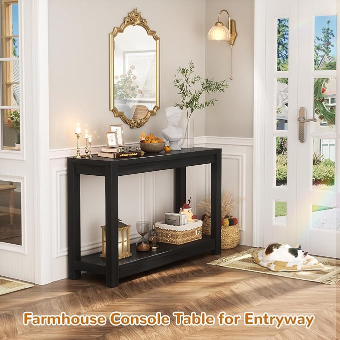 Small Farmhouse Wood Entryway Table Narrow Console Table with Storage Behind Couch Sofa Table with Shelves Entry Way Table with Open Storage, Easy Assembly, 32" Embossed Wood Grain Black