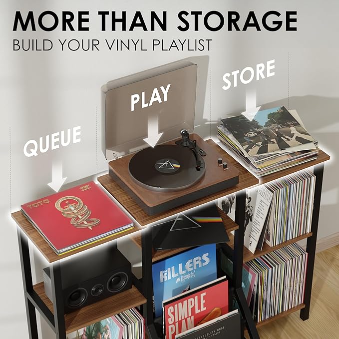 REVOLV Tall Record Player Stand with Vinyl Storage - Vinyl Record Stand with 3 Tier Shelf, Front Pouches - Versatile Music Table Cabinet for Books, Rustic Console Turntable Furniture for 300+ Records