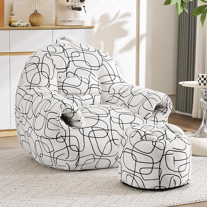 DAICO Bean Bag Chairs for Adults Comfy Accent Chair with Ottoman Floor Sofa Beanbag Couch with Armrests White Single Lazy Sofas with Foam for Living Room Reading Bedroom Gaming (Stripe Pattern)