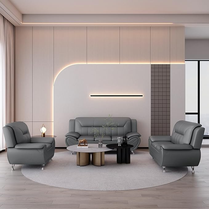 Container Furniture Direct Michael Modern Faux Leather Upholstered Stainless Steel Legs Living Room Sofa, Gray
