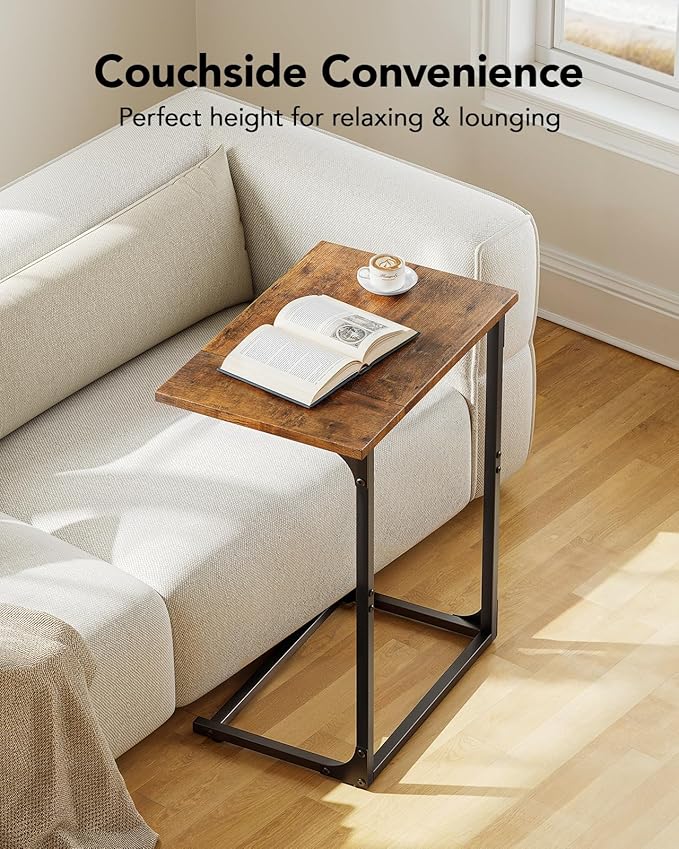 Pipishell C-Shaped Side Table, C-Table for Sofa, End Table with Metal Frame, Large Surface Couch Table for Living Room, Bedroom, and Home Office, Rustic Design, PIET11V