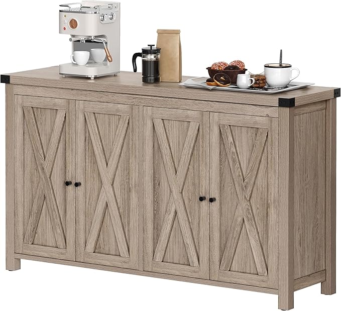 YITAHOME Buffet Cabinet with Storage, 55'' Modern Farmhouse Coffee Bar Cabinet w/4 Doors ＆Adjustable Shelf, Wood Large Kitchen Storage Cabinet with Barn Doors for Kitchen, Living Room, Grey-Brown