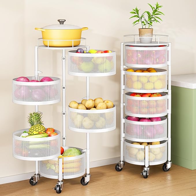 SNTD Fruit and Vegetable Basket Bowls for Kitchen with Metal Top Lid, 5 Tier Rotating Storage Rack Cart for Potato Onion Banana, Wire Basket Organizer on Wheels, Large (White)