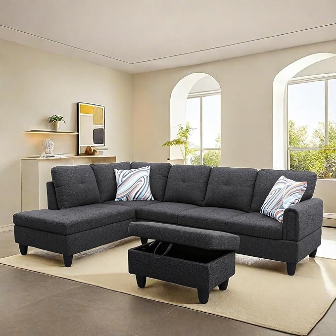 NAYSAYE Sectional Couch with Ottoman Storage, L Shaped Couch Sofa Furniture Sets, Modern Comfy Modular Comfy Sofa for Living Room Bedroom, Office and Apartment, Black